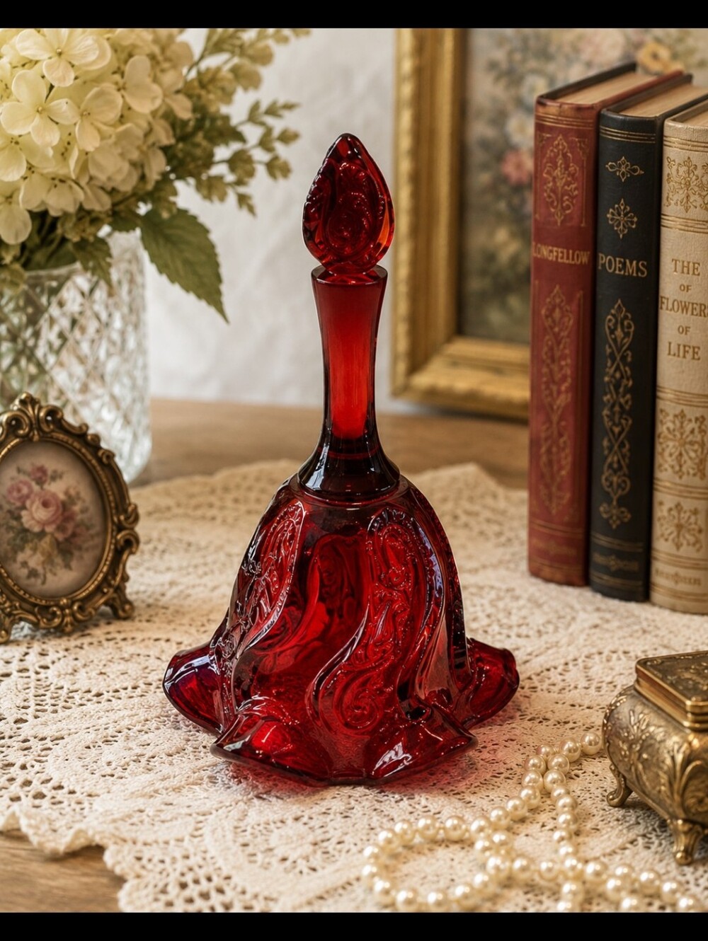 Fenton Ruby Red Vintage Paisley Art Glass Bell Collectible Decor